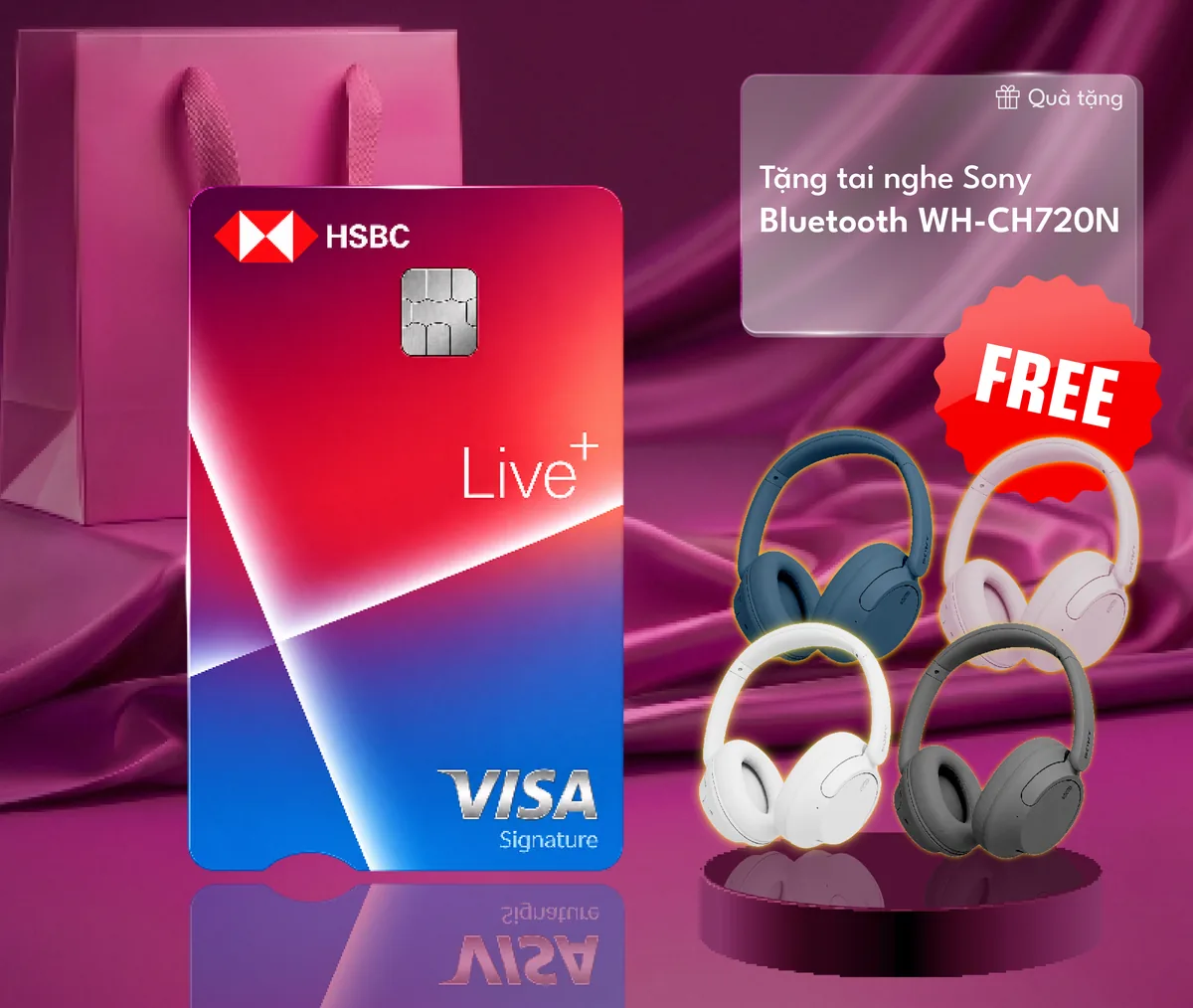 Thẻ tín dụng HSBC Live+, tặng kèm Tai nghe Sony Bluetooth WH-CH720N
